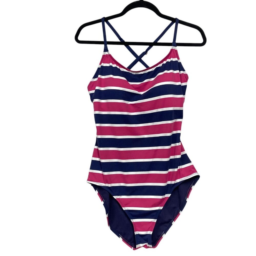 Tommy Bahama One Piece Swimsuit, Size 16,‎ Striped Open Back Cross Straps Padded